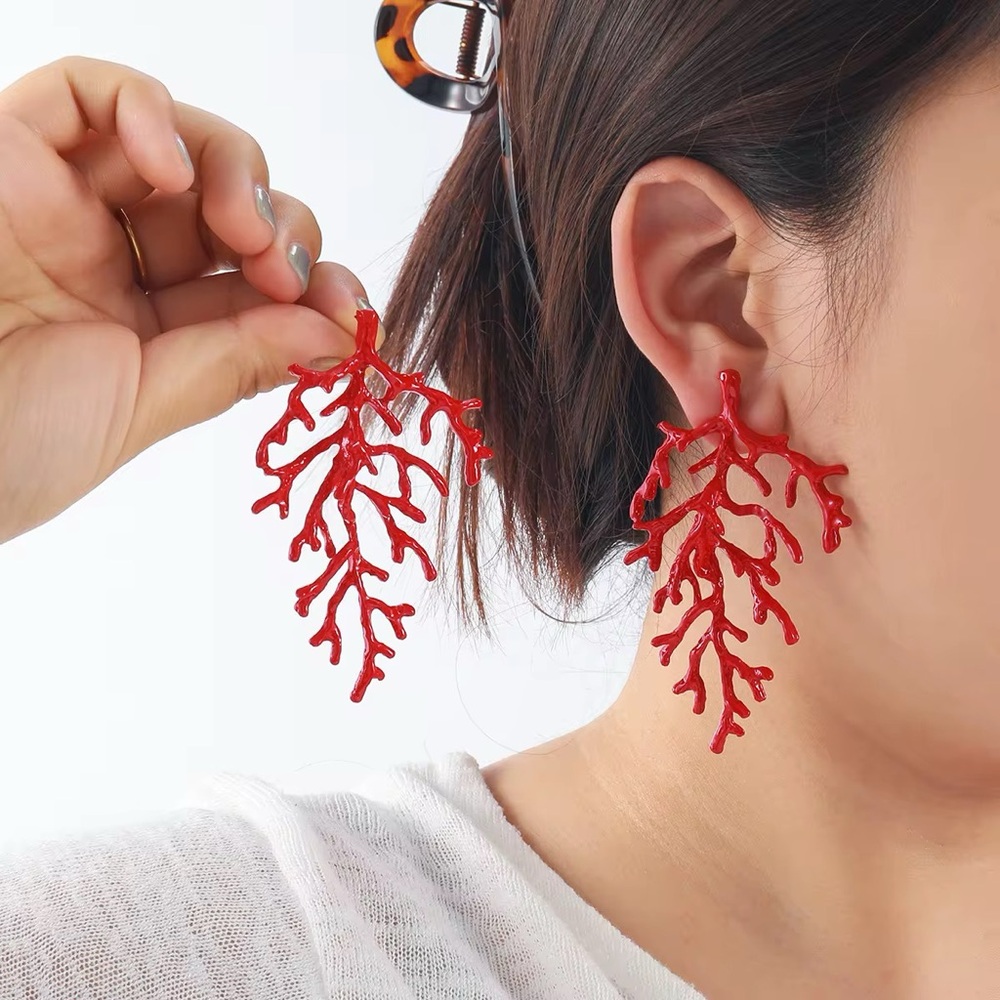 Red Coral Branch Earrings - Picture 7 of 8